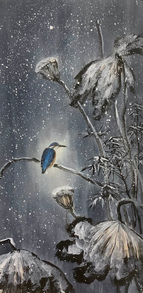 Winter's Whisper: Plummet & Kingfisher (Lin Moqing) Semi-Xieyi Style Flower-and-Bird Painting 39.4" x 21.7"