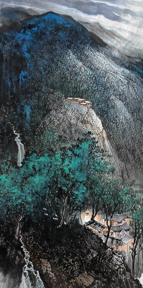 Mountain Whisper: Hidden Valley in Azure (Qin Yuanhang) Semi-Xieyi Style Shanshui Painting 54.3" x 26.8"(in)
