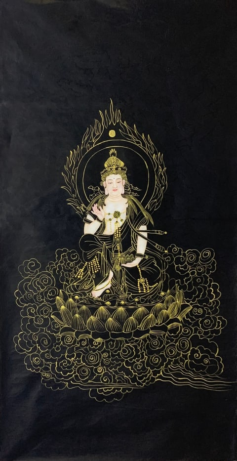 Golden Splendor of the Enlightened Bodhisattva (Kong Xiangyi) Gongbi Style Figure Painting 54.3" x 26.8"