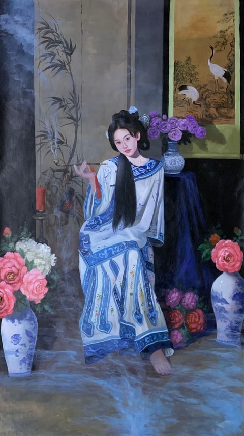 Jade Sleeves and Blossoms: A Timeless Elegance (Su Mei) Gongbi Style Figure Painting 70.9" x 38.2"
