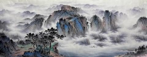 Pines Embracing Clouds: Contemplating the Cascade (Chen Moxuan) Semi-Xieyi Style Shanshui Painting 93.7" x 32.7"(in)