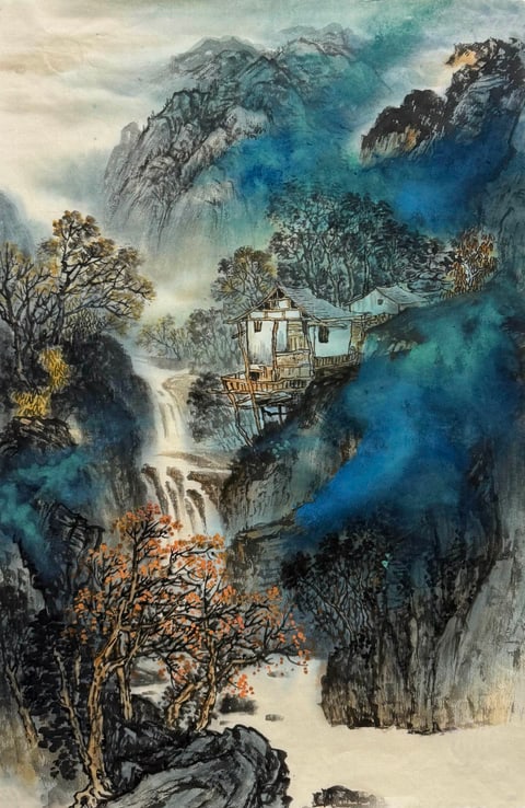 Azure Cliffs with Cascading Silk (Zhang Sucheng) Semi-Xieyi Style Shanshui Painting 26.8" x 17.7"(in)